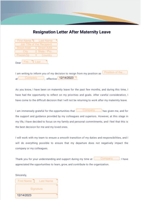 Resignation Letter After Maternity Leave Sign Templates Jotform 4745