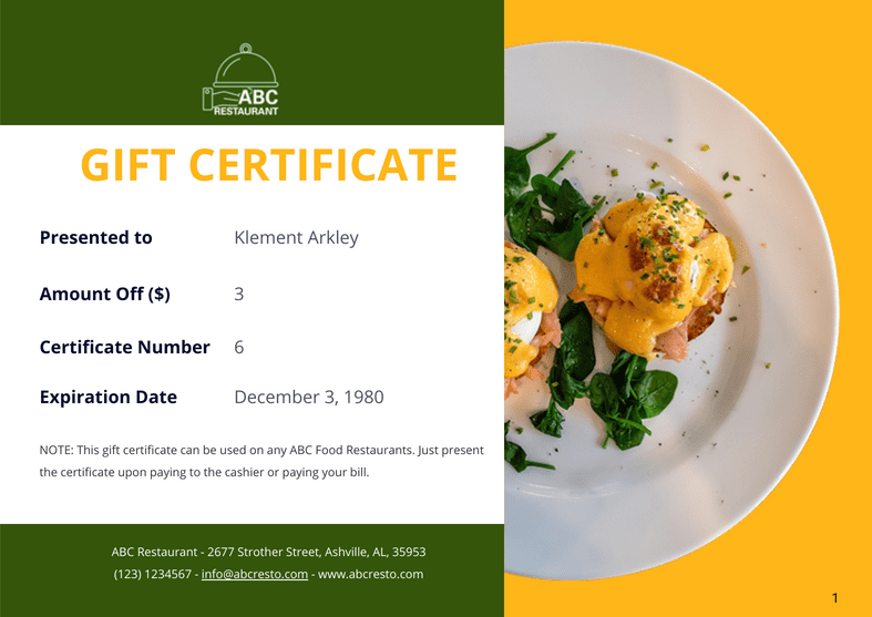 PDF Templates: Restaurant Gift Certificate Template