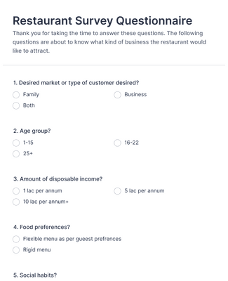 Restaurant Questionnaire Form