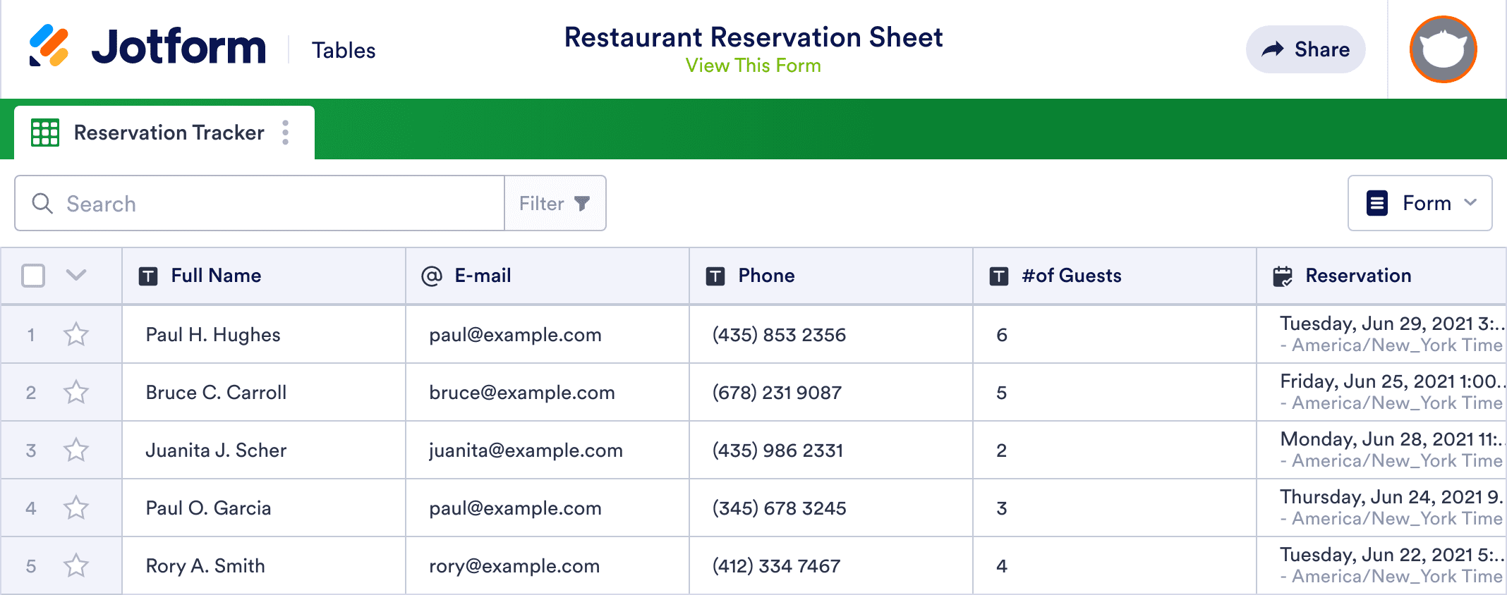 Restaurant Reservation Sheet