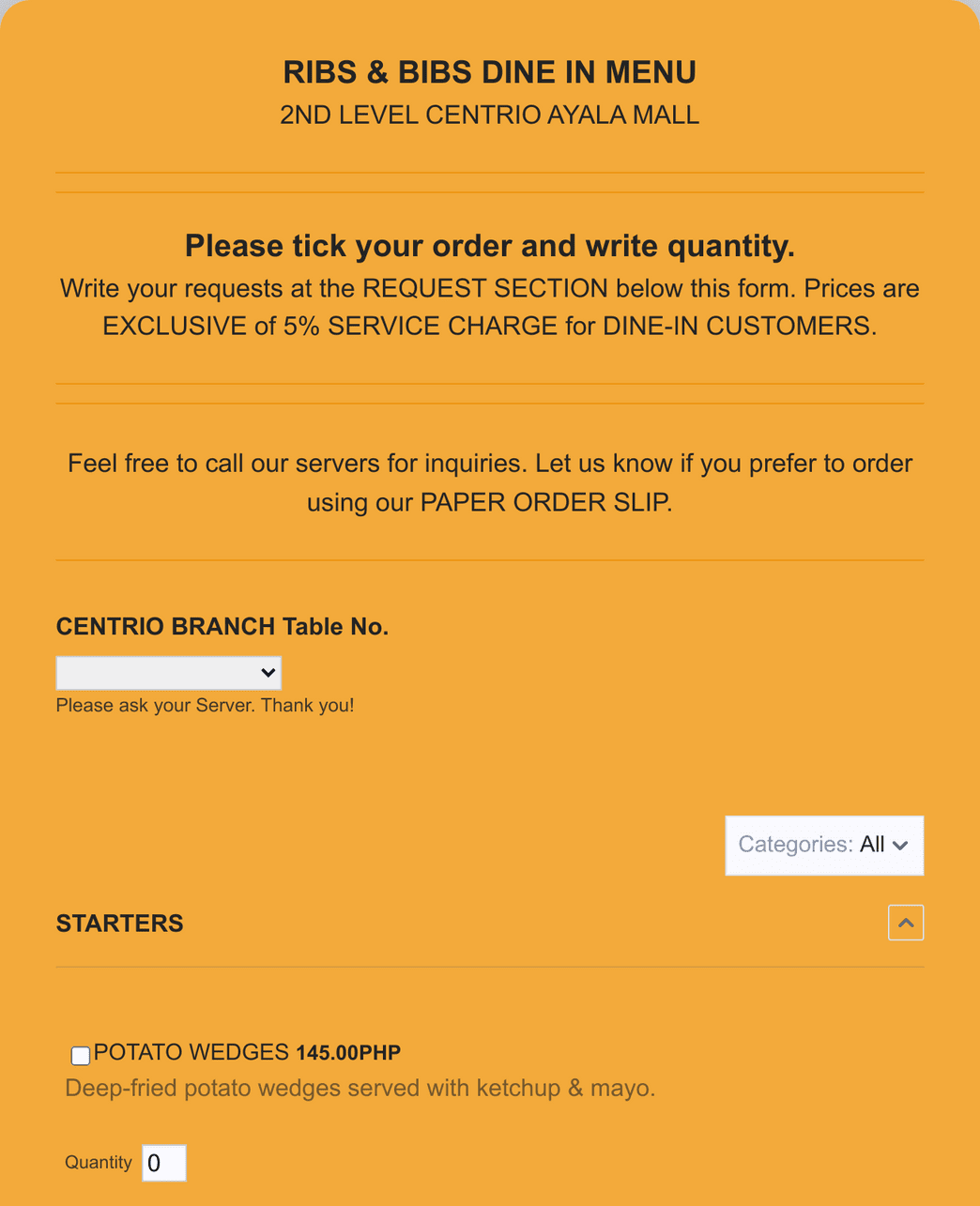 RIBS & BIBS DINE IN MENU Form Template Jotform