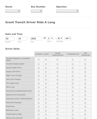 Form Templates: Bus Driver Evaluation form