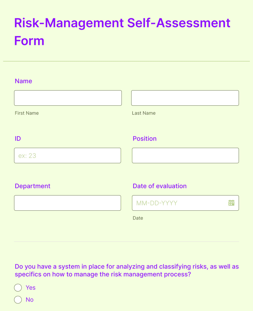 Risk Management Self Assessment Form Template Jotform