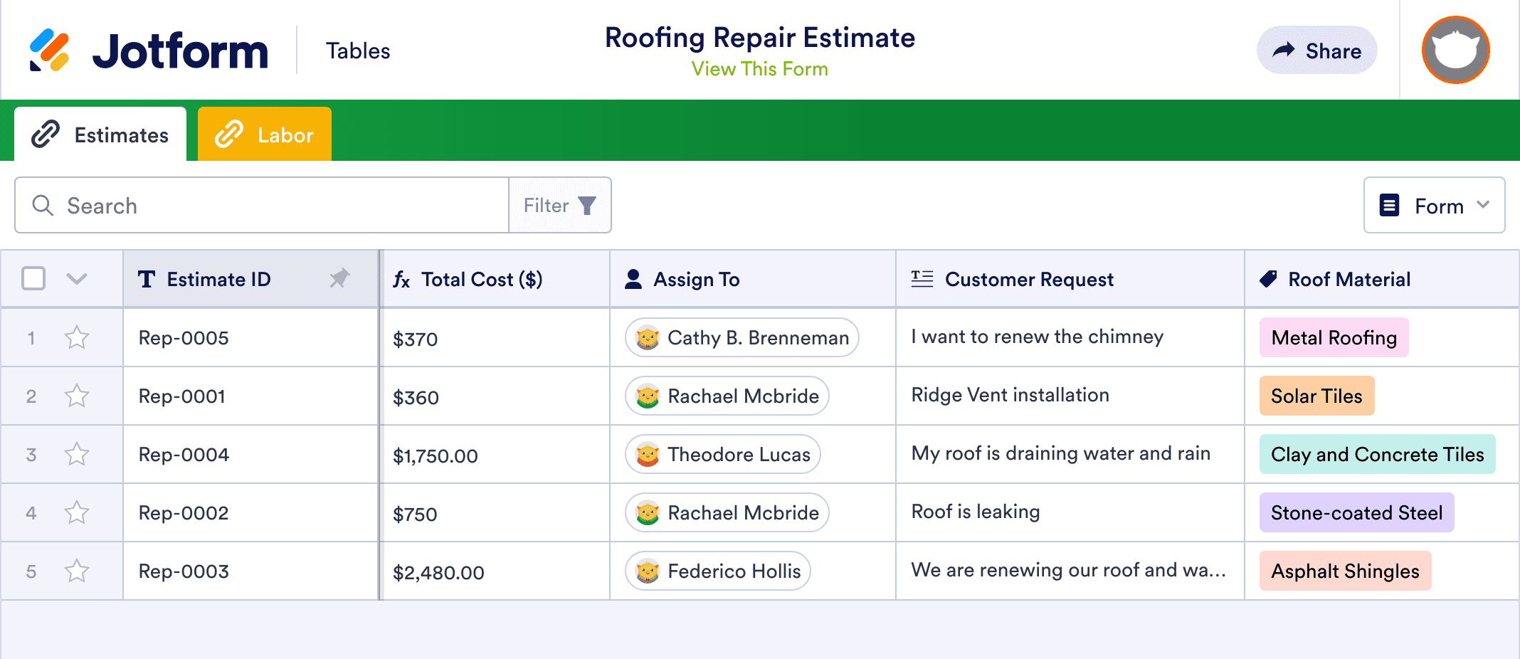 Roofing Estimate Template | Jotform Tables