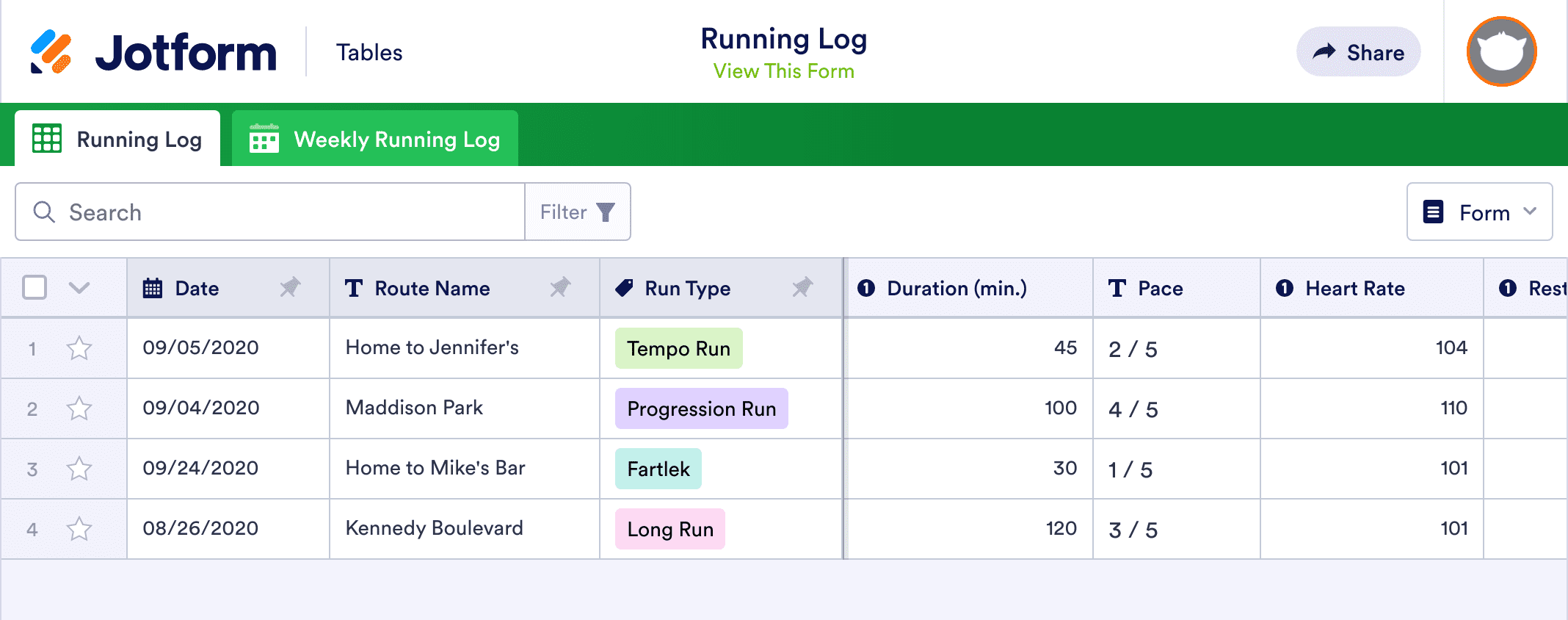 Running Log Template | Jotform Tables