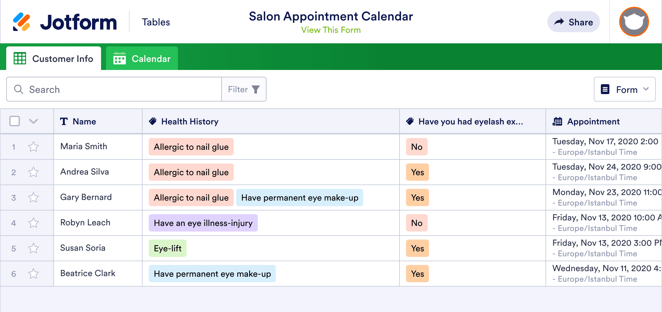 Salon Appointment Calendar Template | Jotform Tables