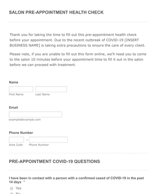 Salon Pre-Appointment Health Check Form Template | Jotform