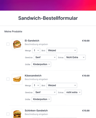 Sandwich Bestellformular