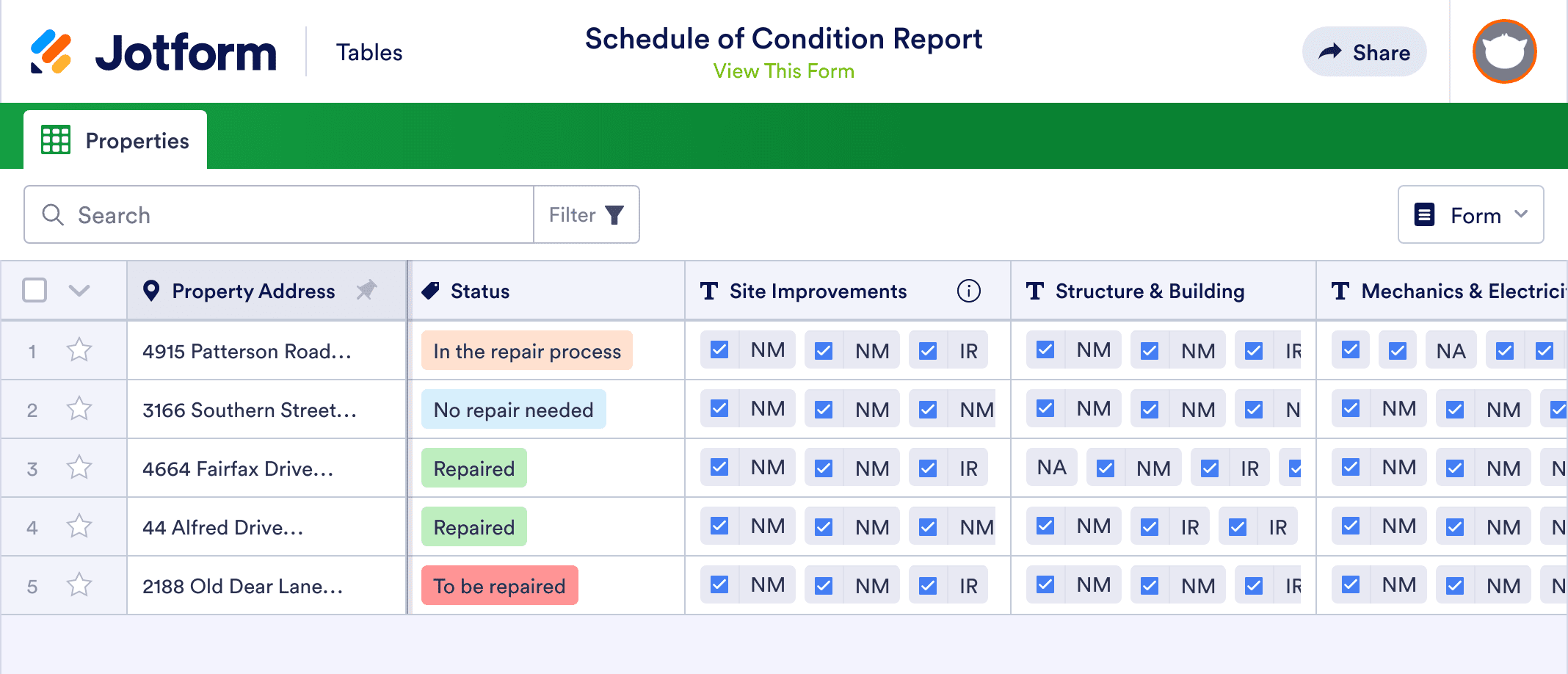 Schedule of Condition Report Template | Jotform Tables