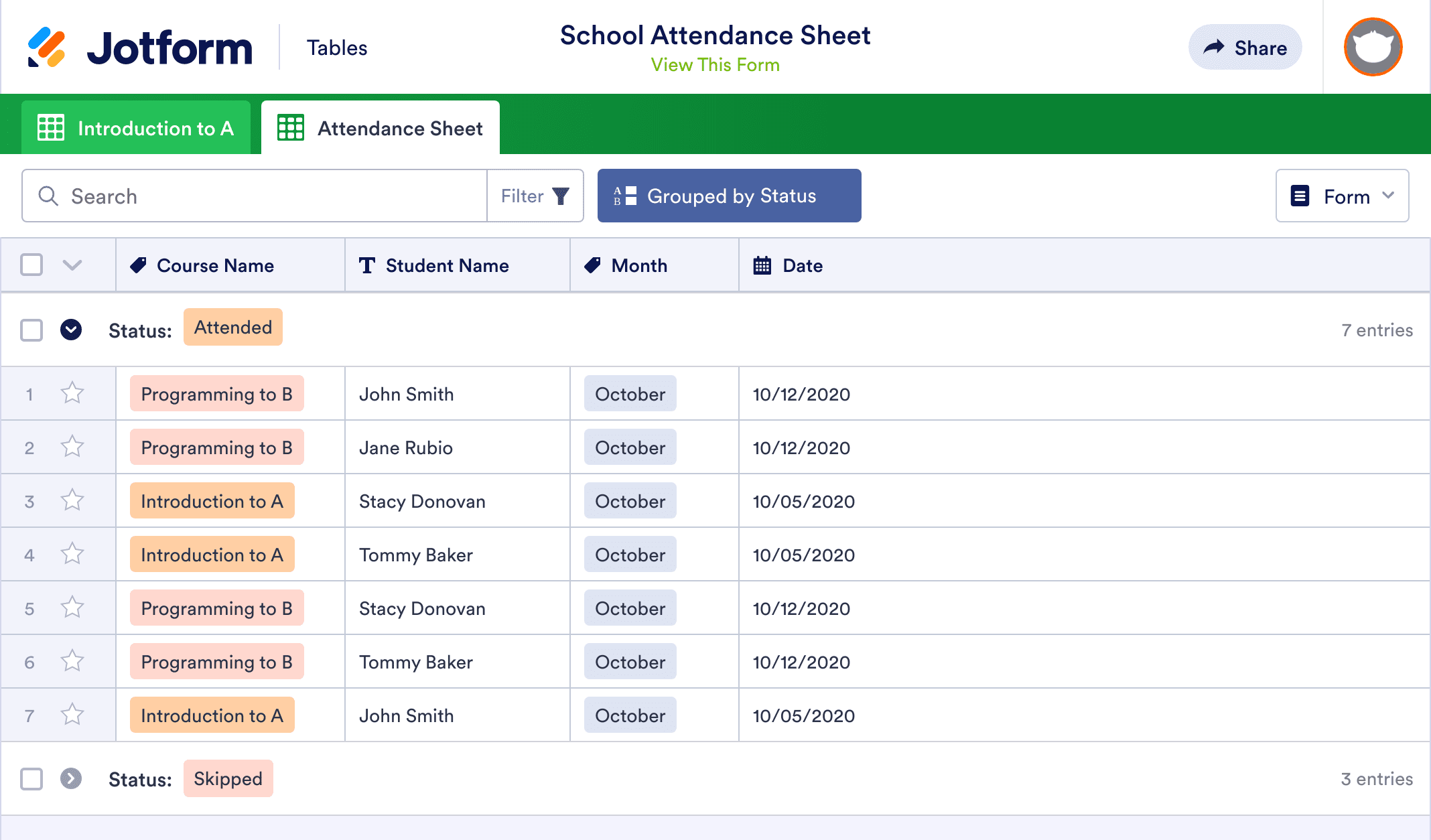 School Attendance Sheet