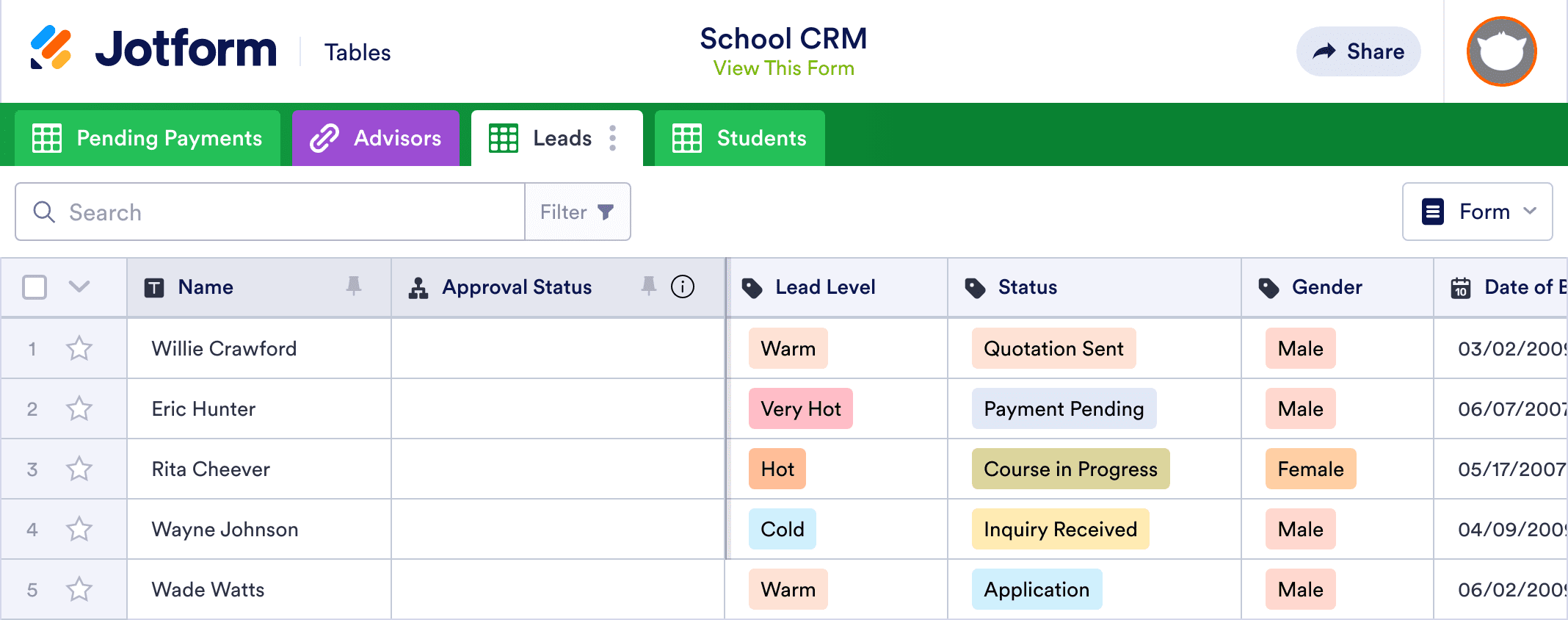 School CRM Template | Jotform Tables
