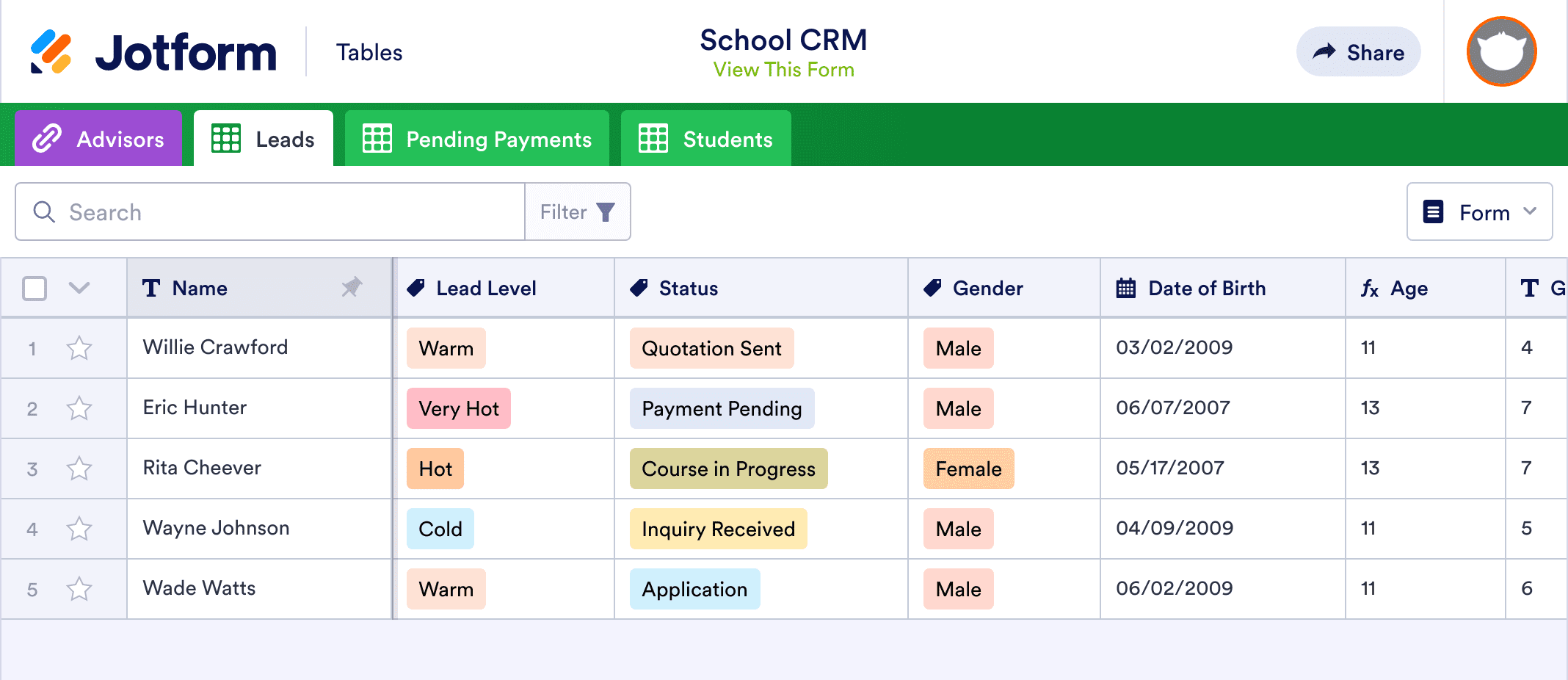 School CRM Template | Jotform Tables