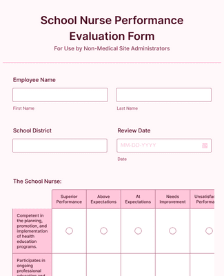 Form Templates: School Nurse Performance Evaluation Form 