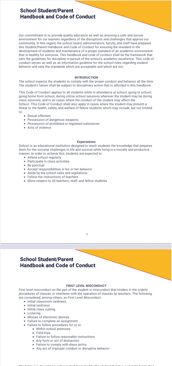 School Student Parent Handbook and Code of Conduct