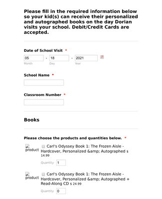 School Visit Pre Order Form