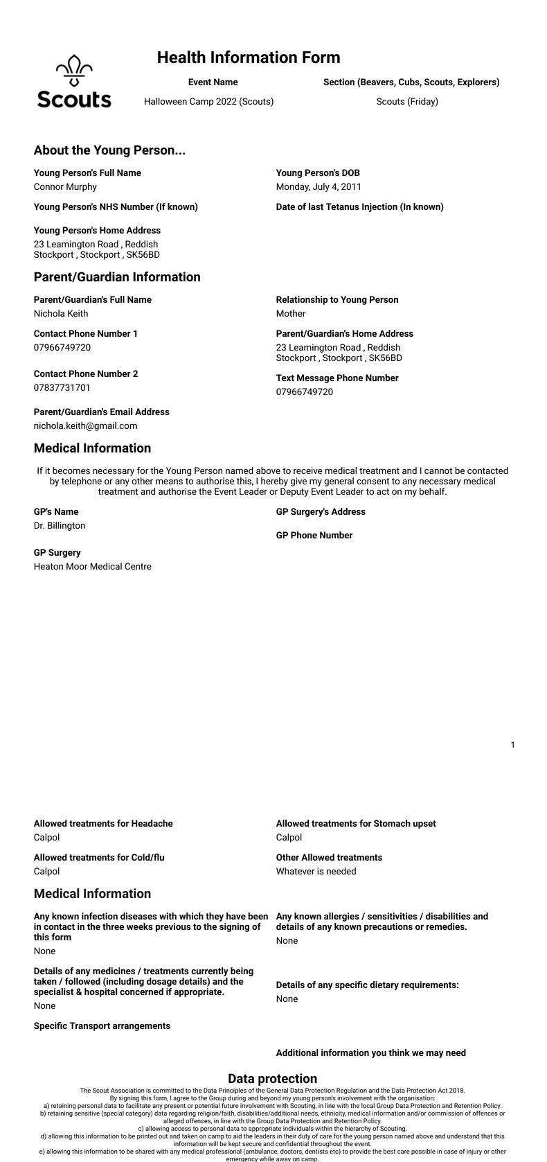 Scouts Health Information Form PDF