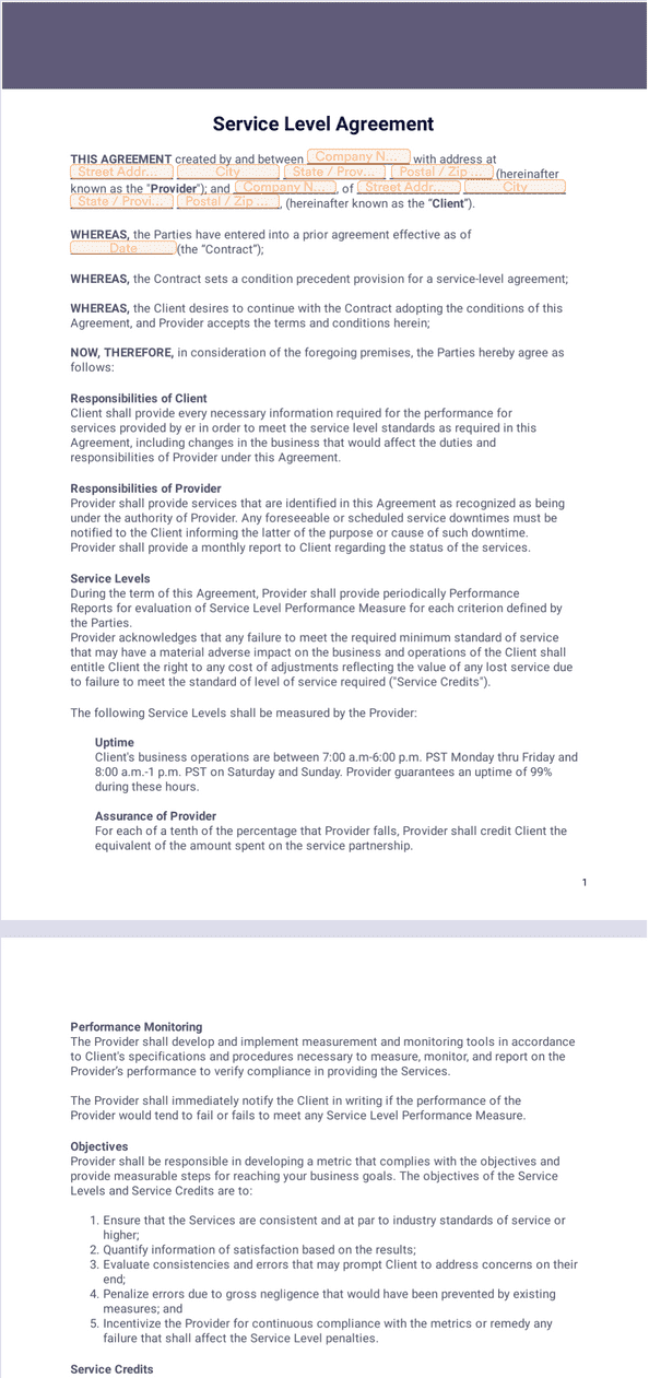 Service Level Agreement Template Sign Templates Jotform