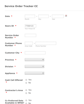 Service Order Tracker CC Form Template | Jotform