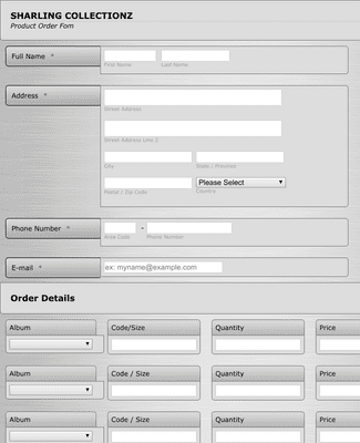 Jewelry Product Order Form