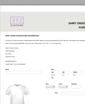 Form Templates: Shirt Order Form