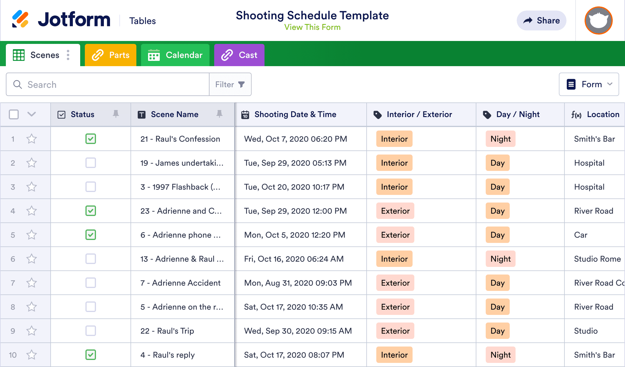 Shooting Schedule Template Jotform Tables