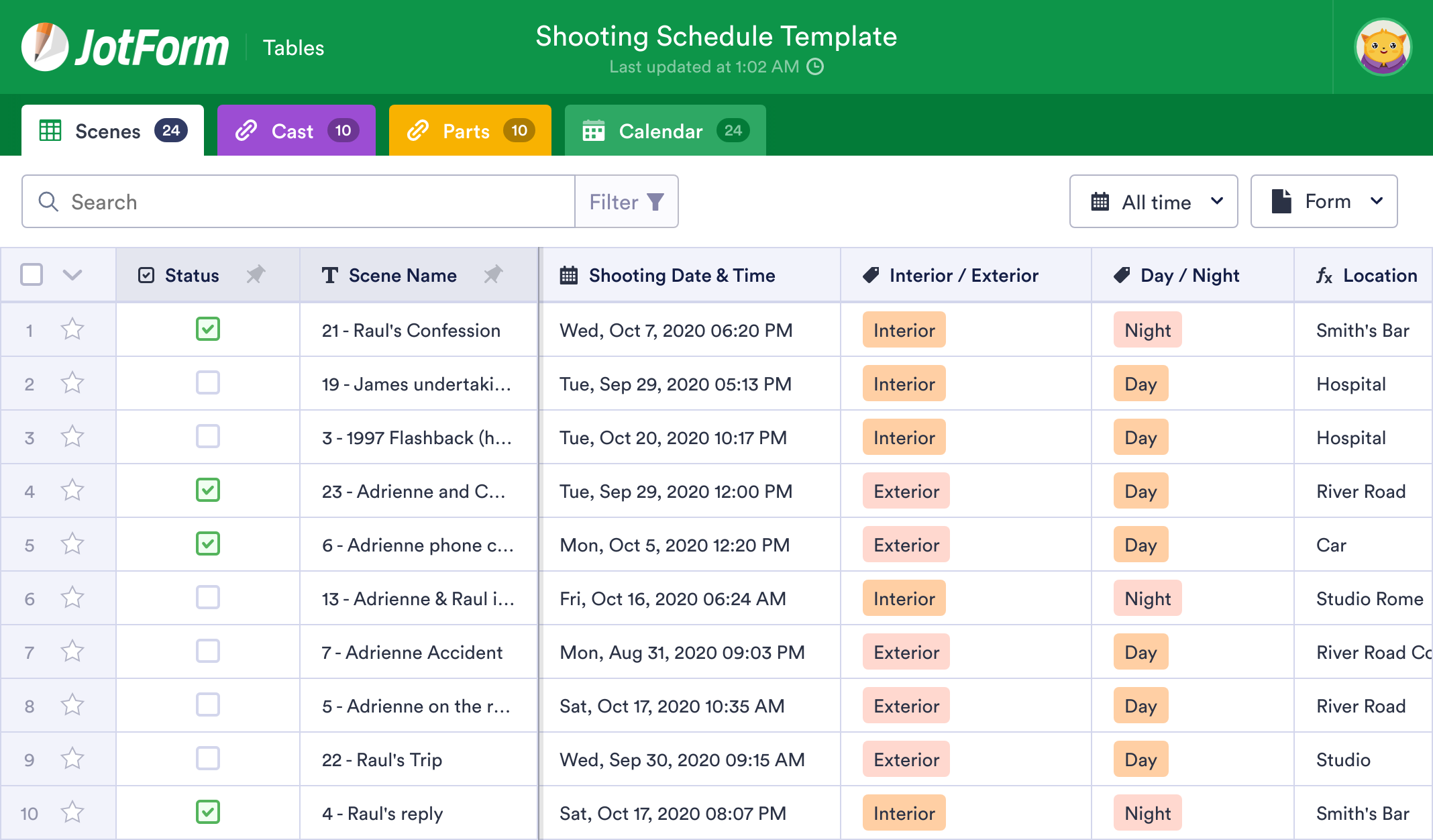 Shooting Schedule Template JotForm Tables