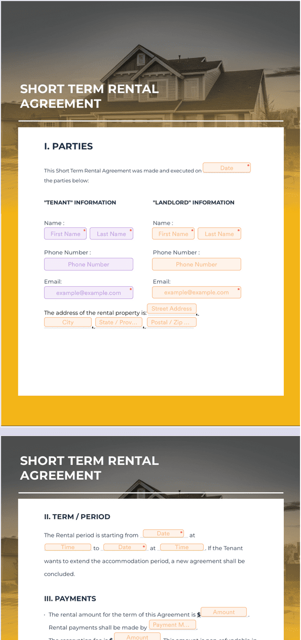 PDF Templates: Short Term Rental Agreement
