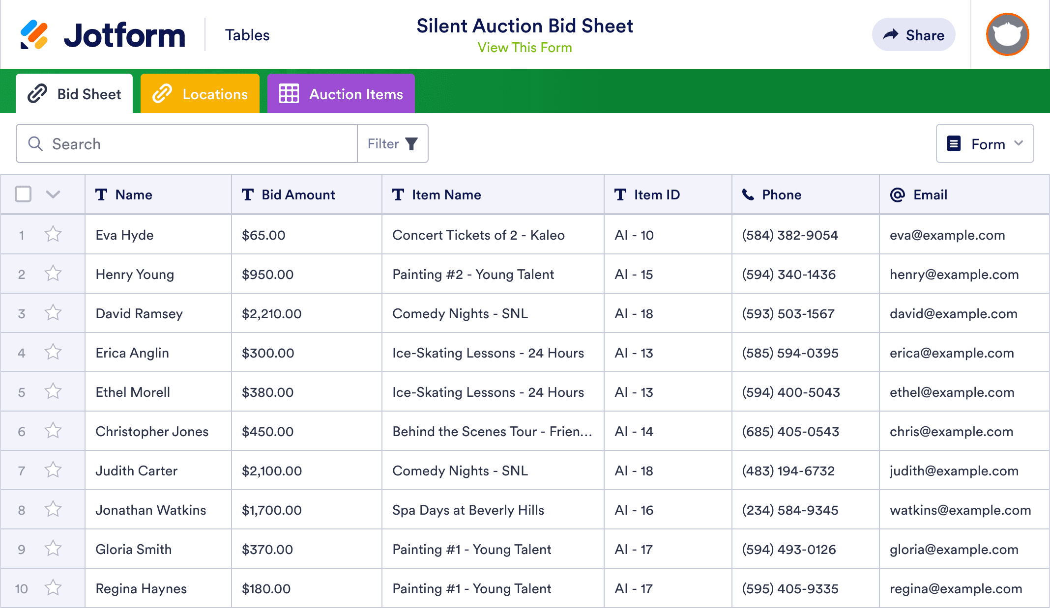 Silent Auction Bid Sheet