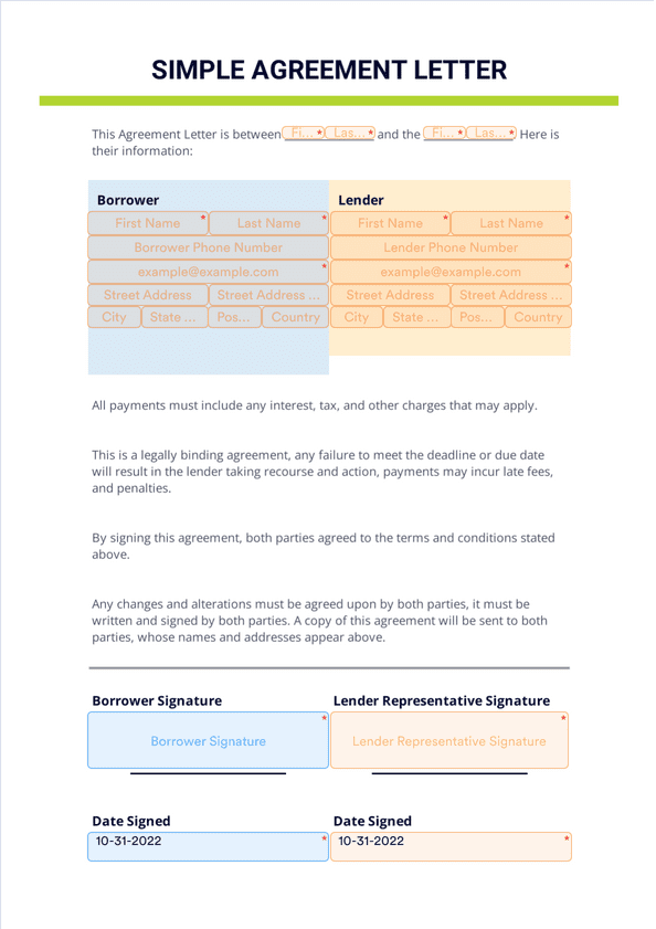 Simple Agreement Letter Sign Templates Jotform