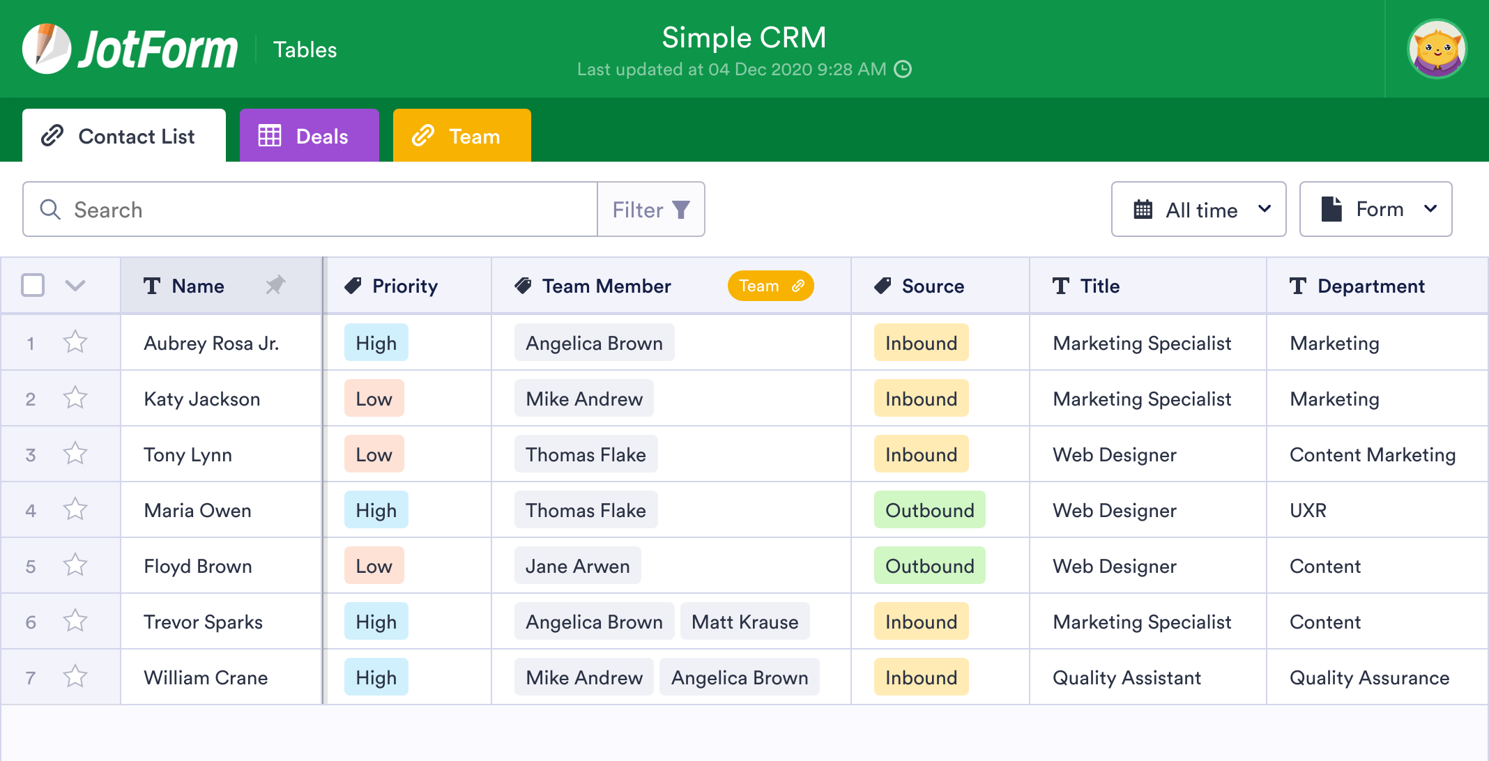 Simple CRM Template | JotForm Tables