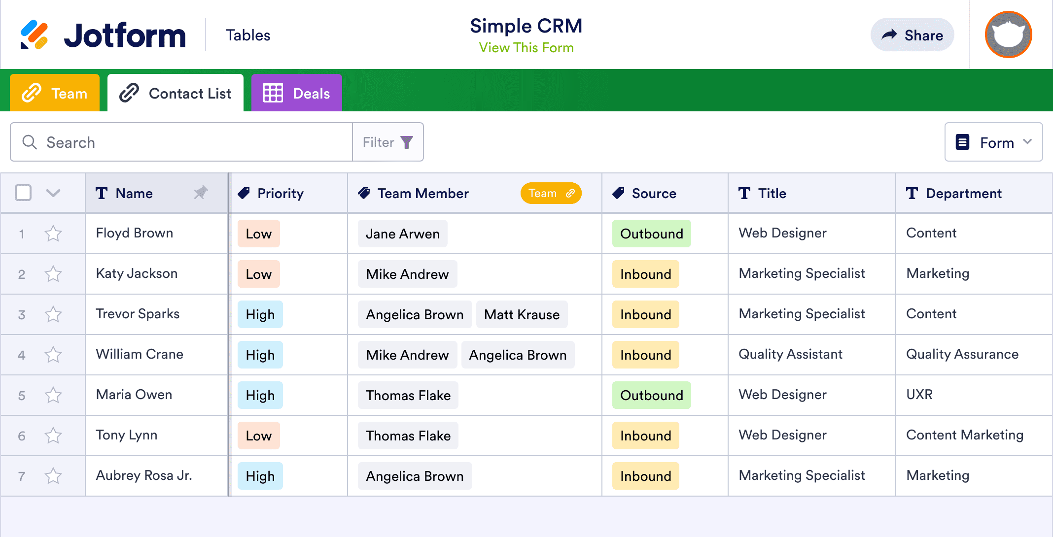 Simple CRM Template Jotform Tables