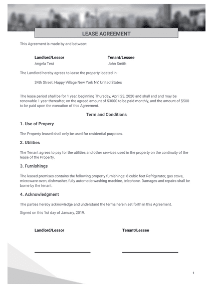 Simple One Page Lease Agreement Template