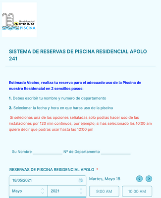 Form Templates: Sistema de reservas Piscina Residencial Apolo 241
