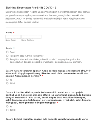 Skrining Kesehatan Pra-Shift COVID-19 - HANYA TEMPLAT Template Formulir ...