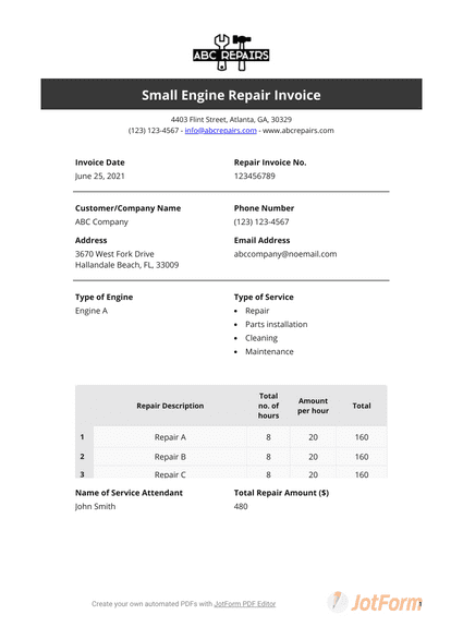 small engine repair invoice pdf templates jotform