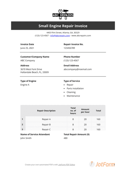Small Engine Repair Invoice
