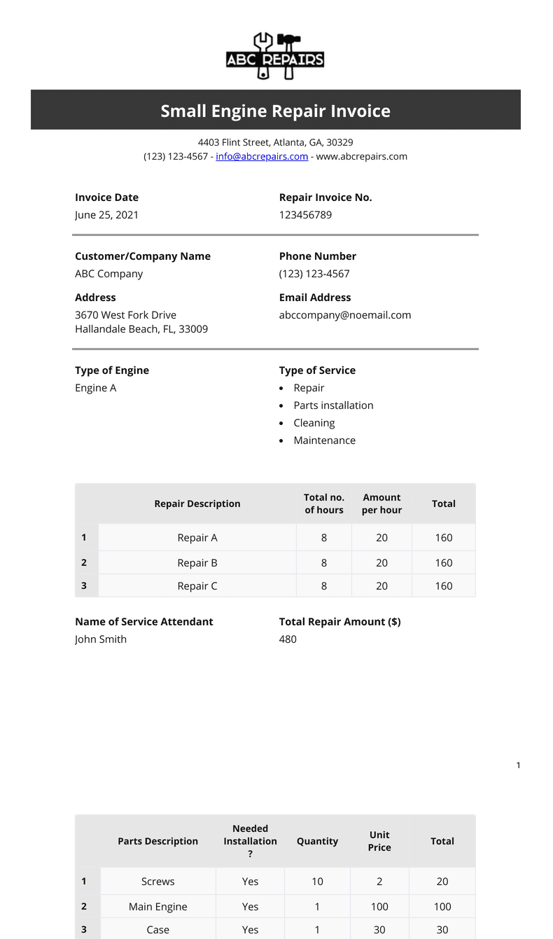 Small Engine Repair Invoice PDF Templates Jotform