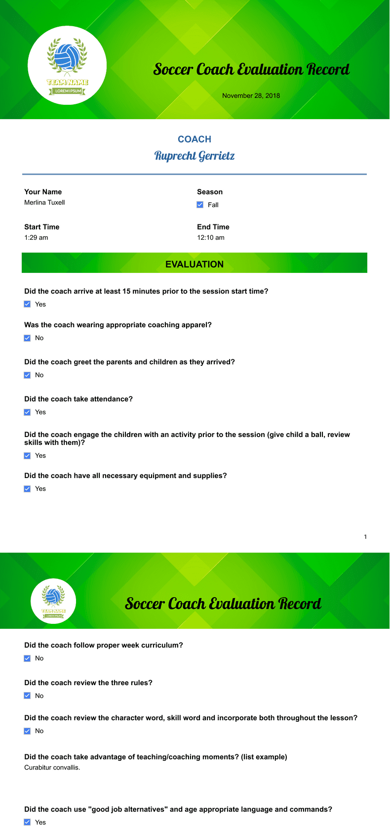 Soccer Coach Evaluation Template