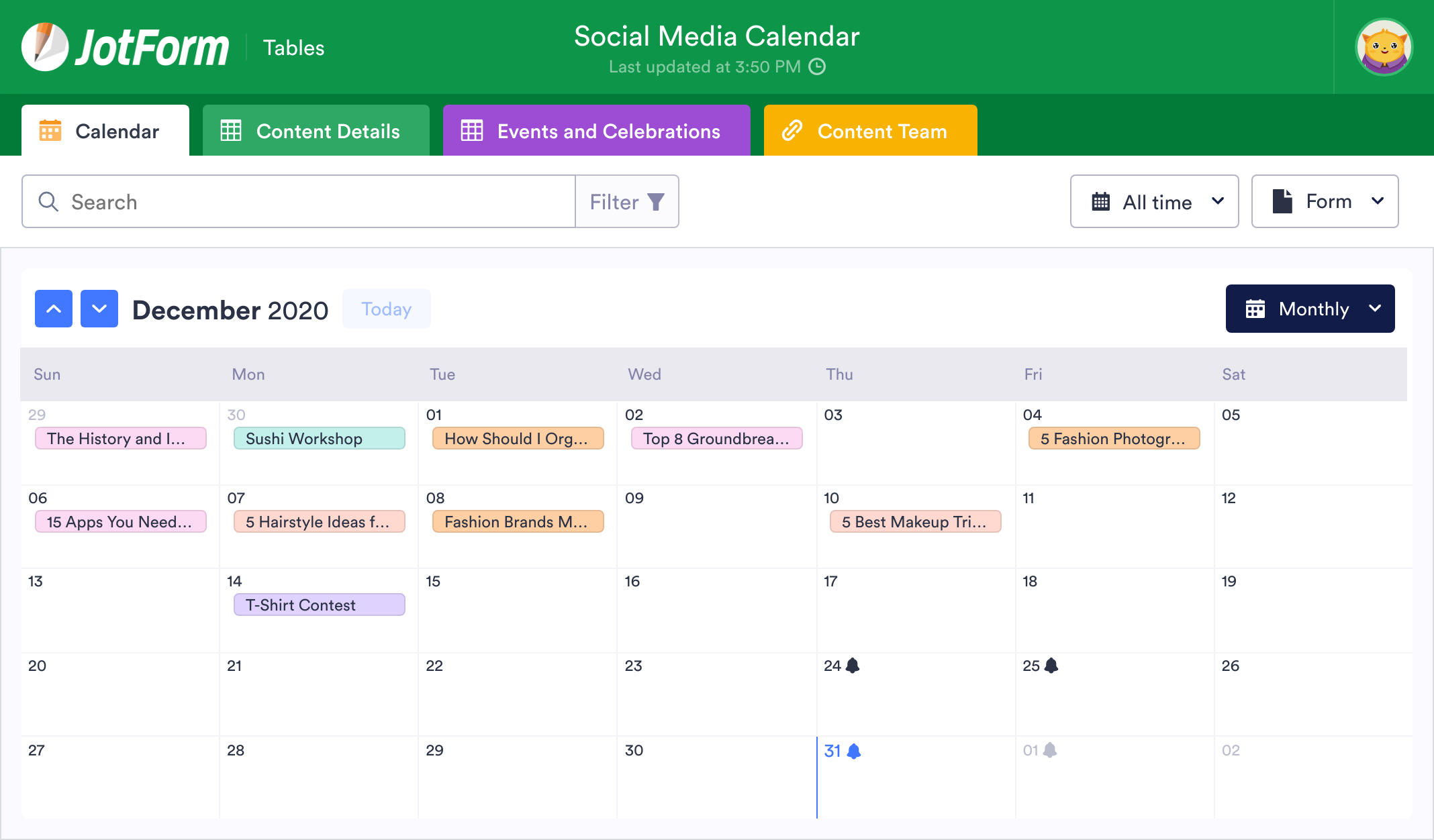 Social Media Calendar Template JotForm Tables