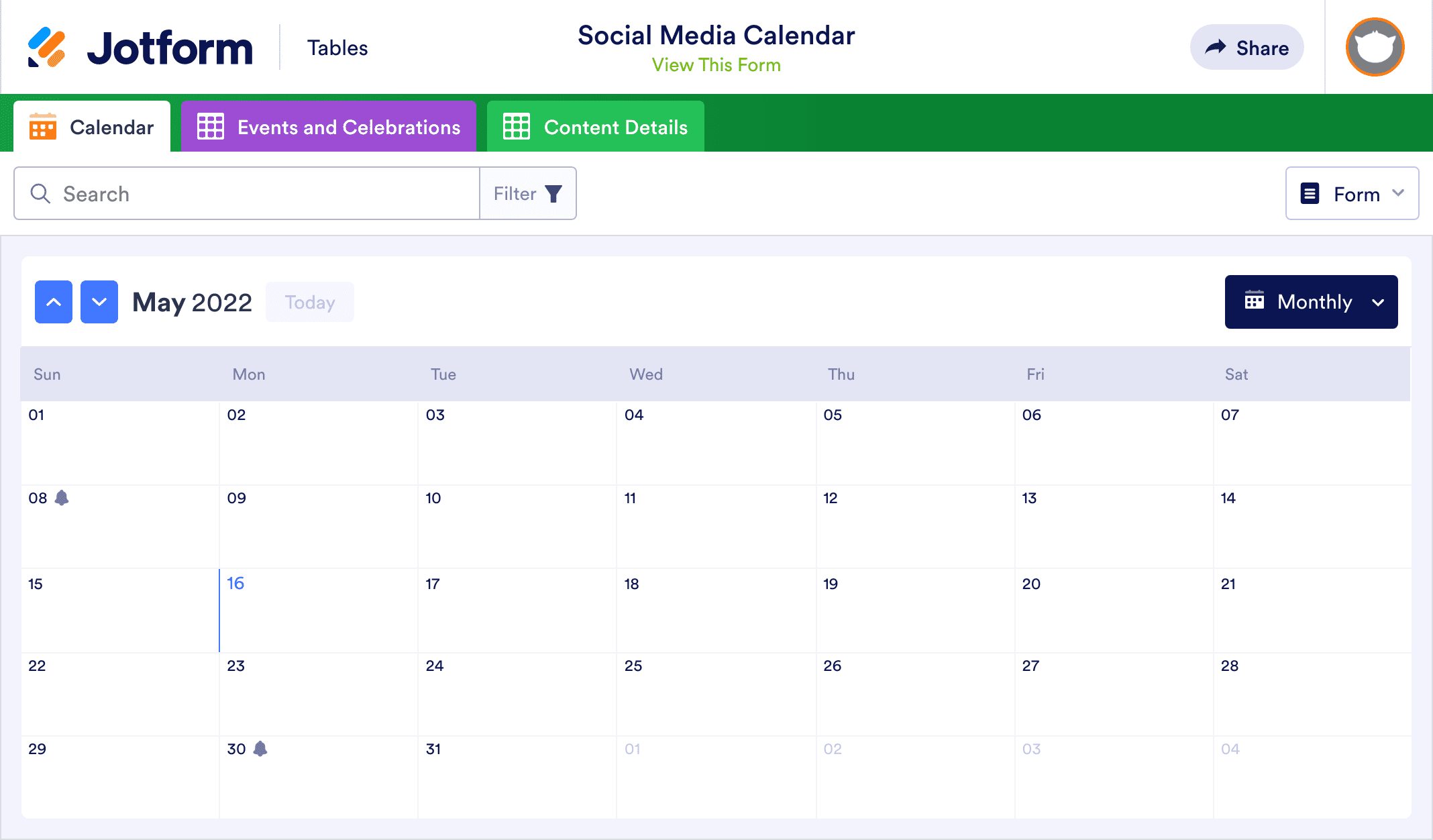 social media calendar template jotform tables