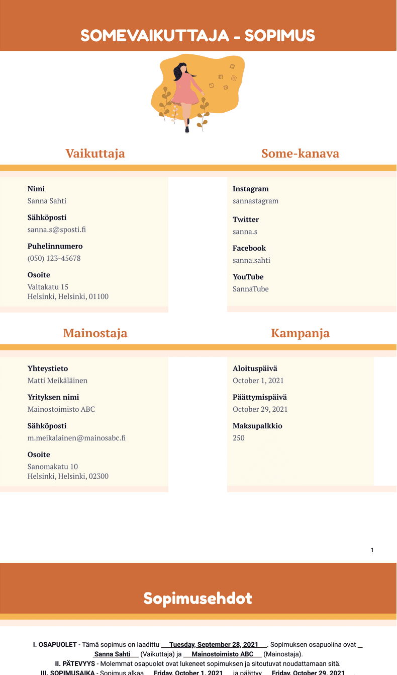 Somevaikuttaja Sopimuslomakepohja - PDF-pohjat | Jotform