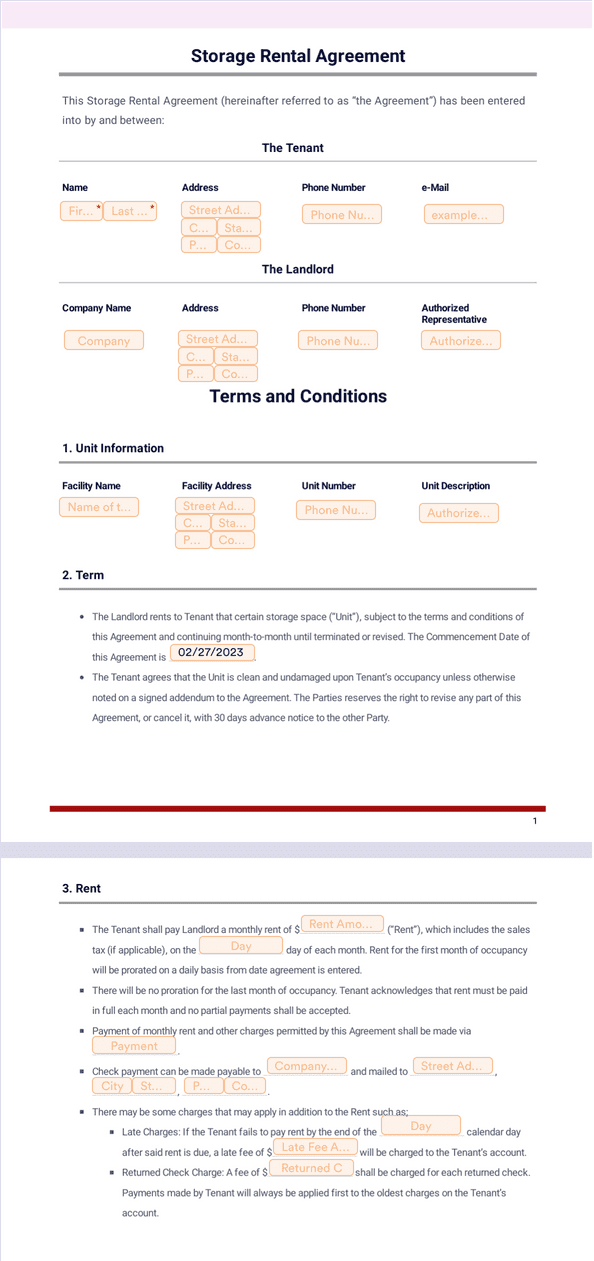 Storage Rental Agreement Sign Templates Jotform