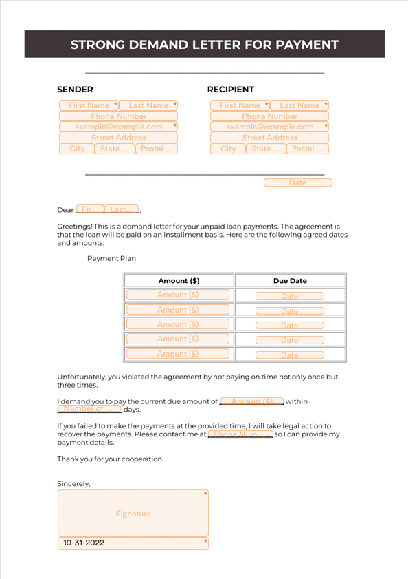 Strong Demand Letter For Payment - Sign Templates | Jotform