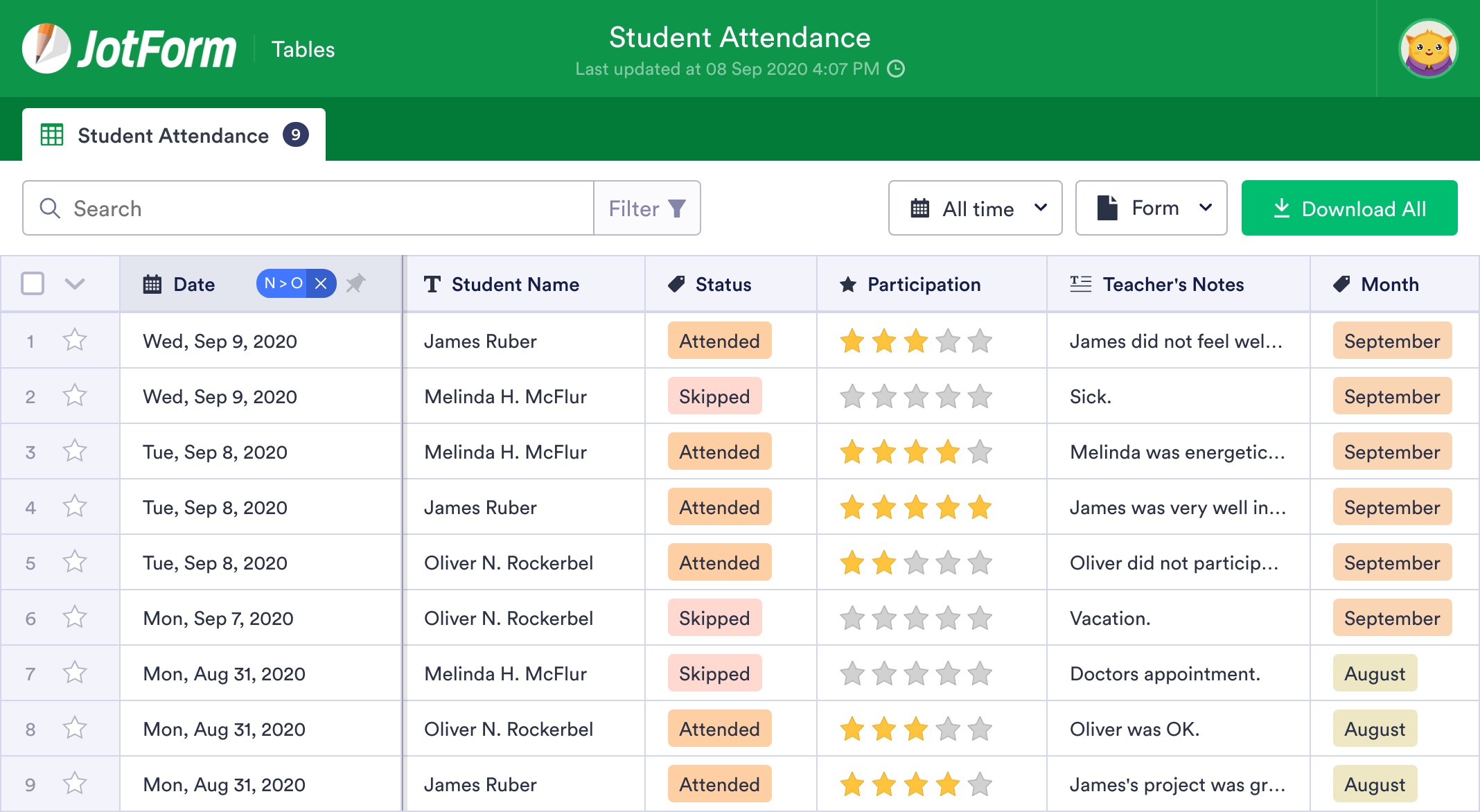 Student Attendance Sheet Template JotForm Tables Student Attendance Sheet Template JotForm Tables