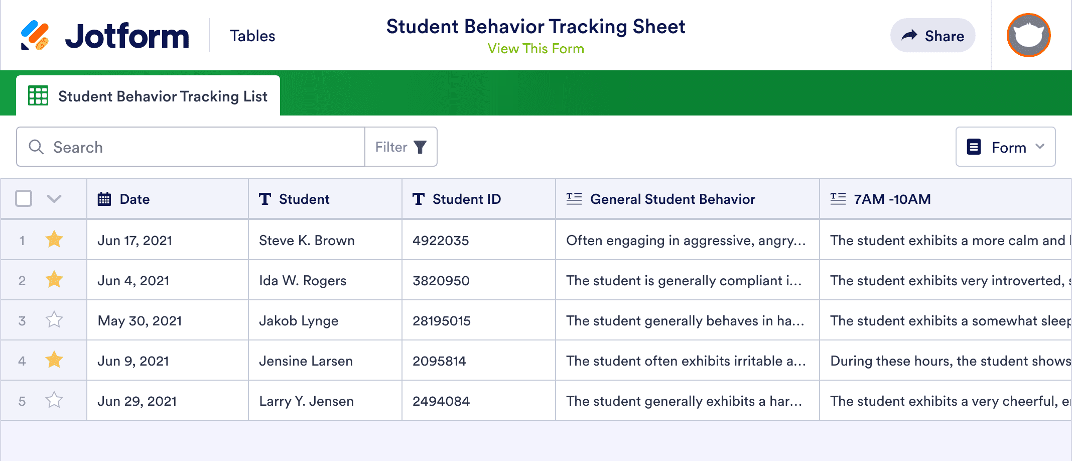 Student Behavior Tracking Sheet