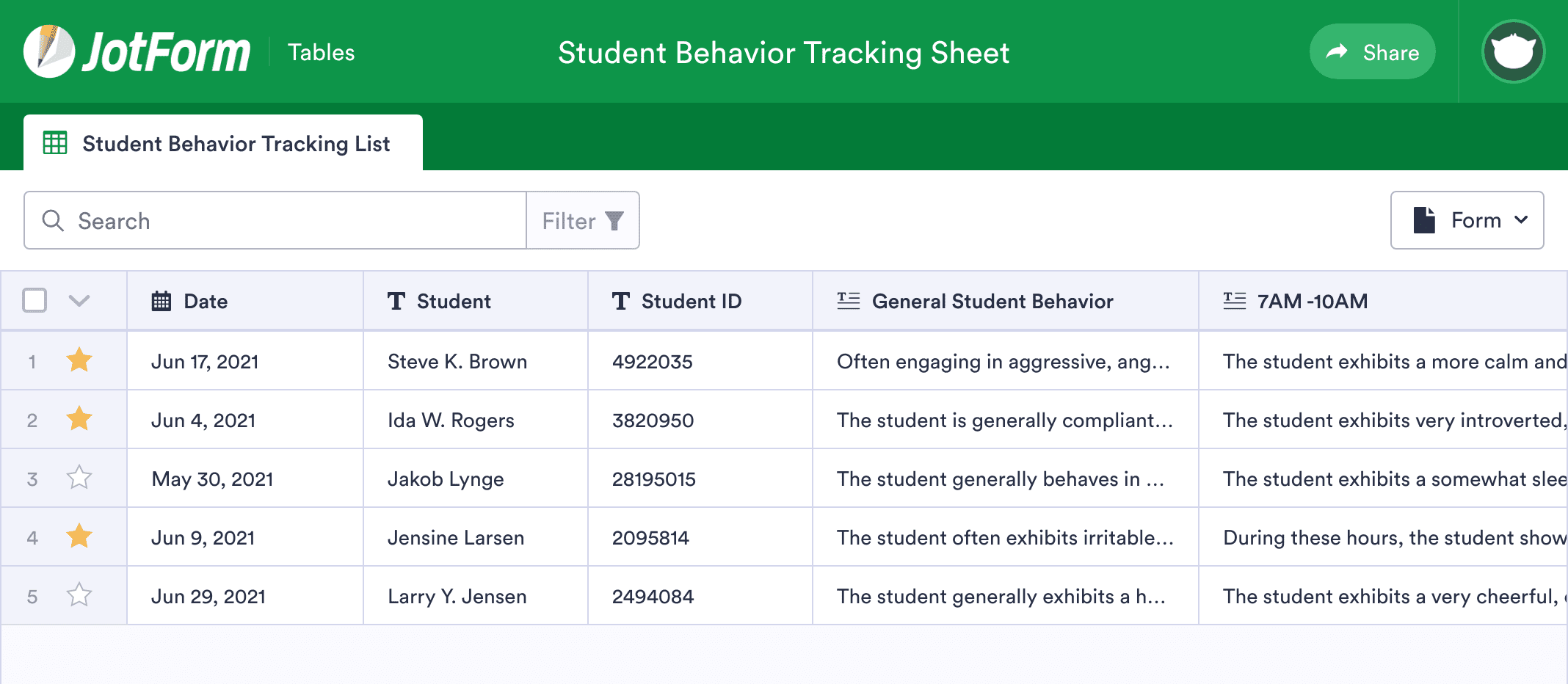 Student Behavior Tracking Sheet Template | JotForm Tables