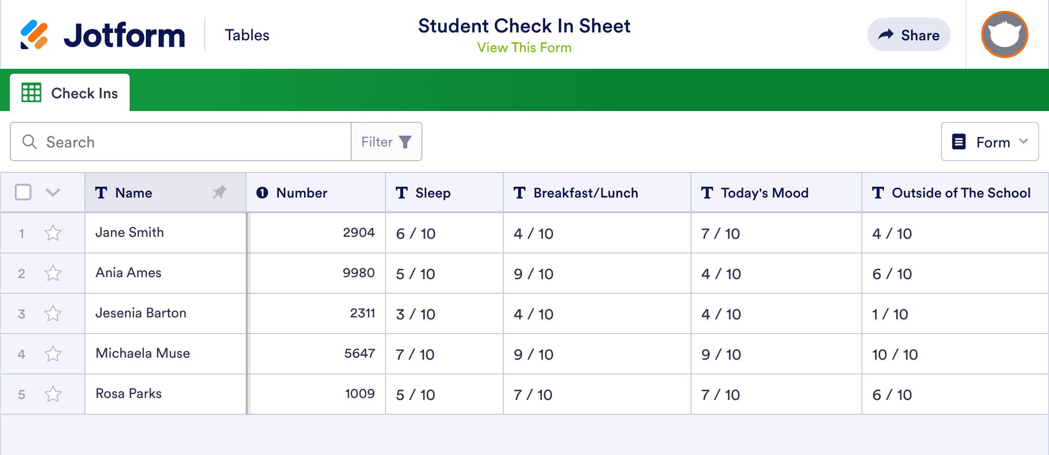 Student Check In Sheet