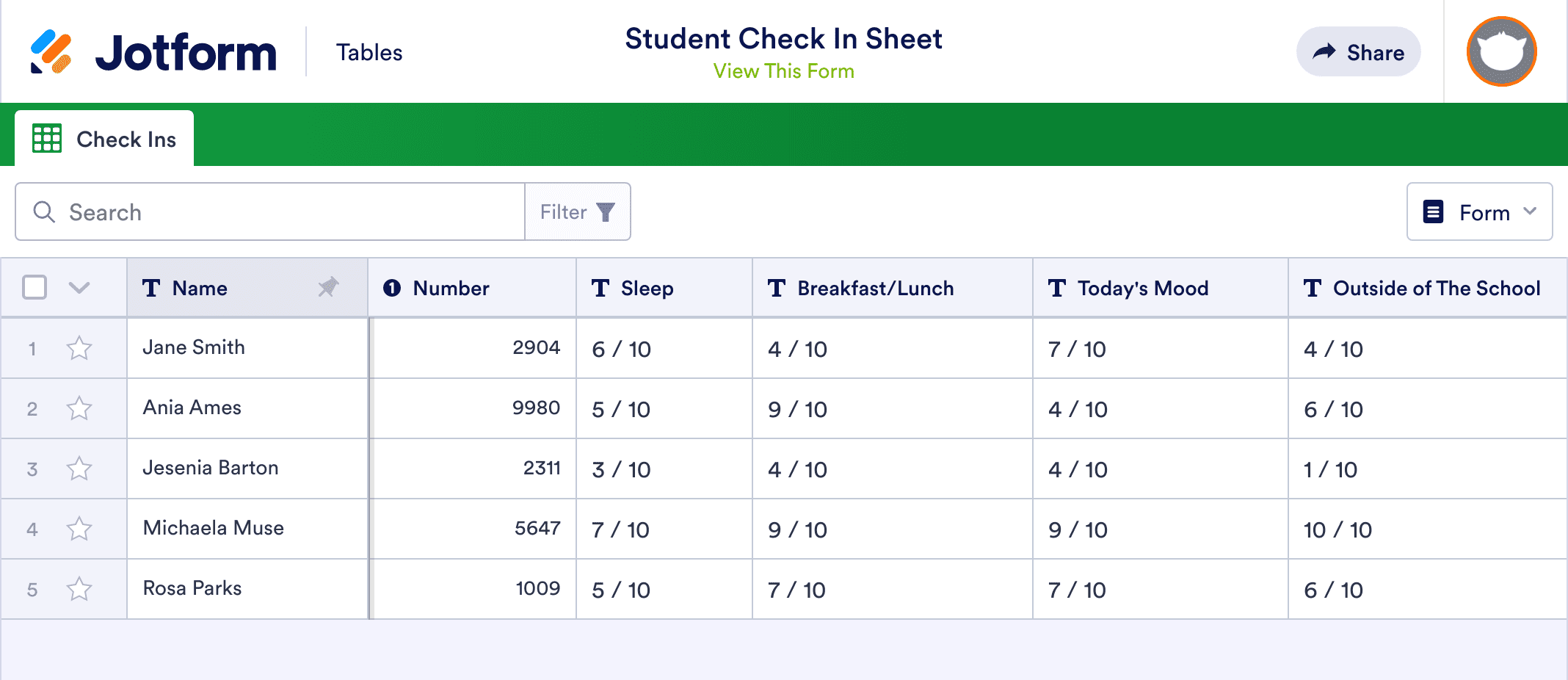 Student Check In Sheet Template | Jotform Tables