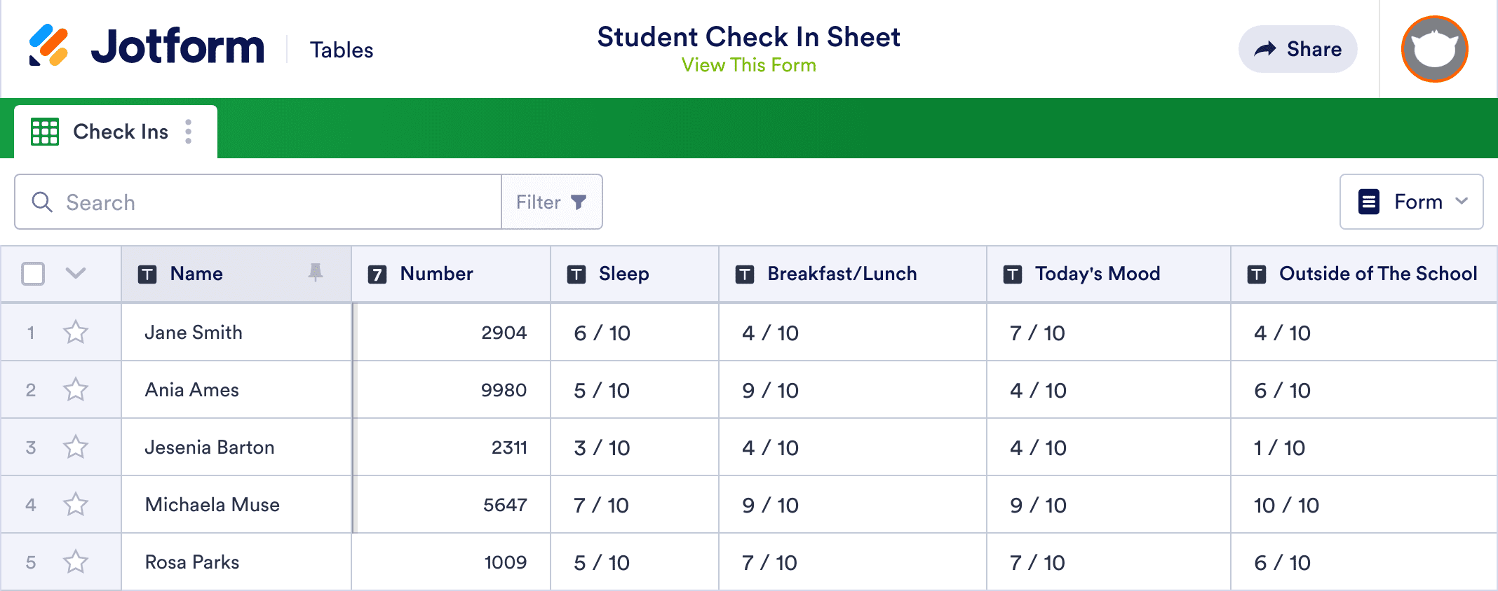 Student Check In Sheet Template Jotform Tables