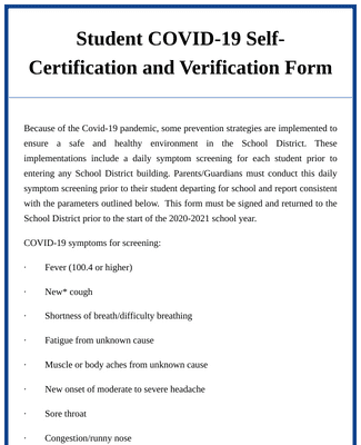 Student COVID-19 Self-Certification and Verification Form